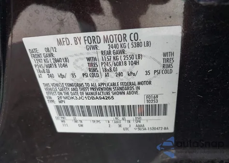 2013 Ford Edge Sel from USA, damaged, VIN 2FMDK3JC1DBA94265